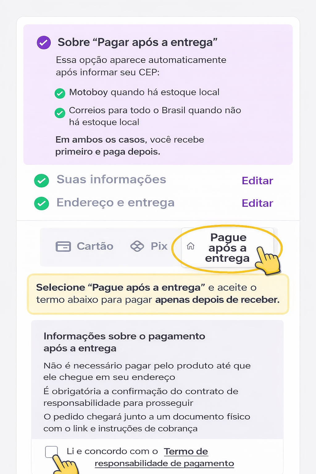 Tela de checkout - Pague após a entrega